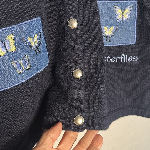 Vintage CJ Banks Butterfly Embroidered Cardigan Sweater Navy Blue Y2K Teacher - Picture 4 of 9